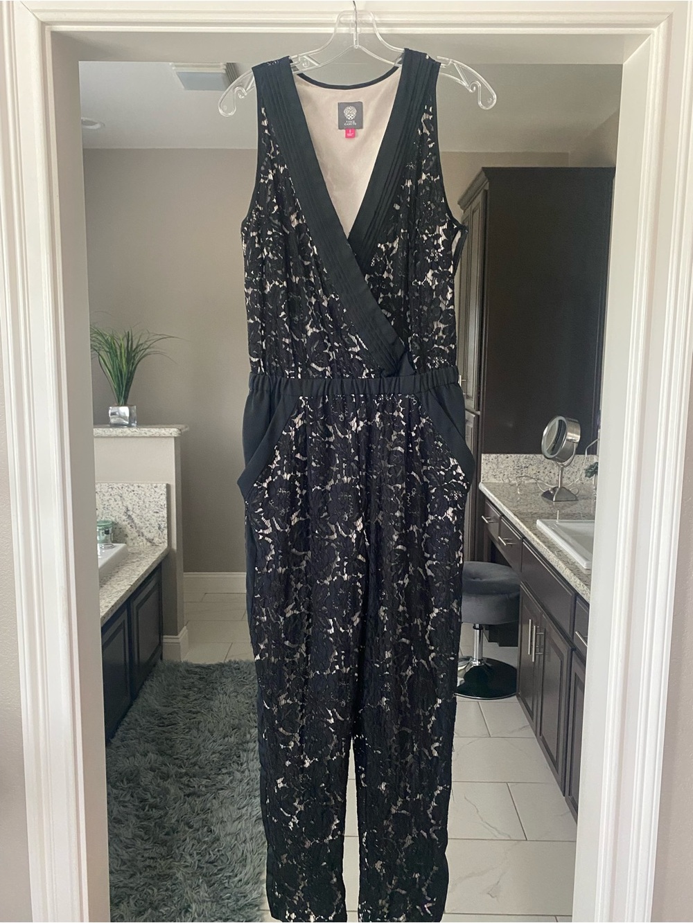 Vince Camuto Black Lace Sleeveless Jumpsuit with V-Neck